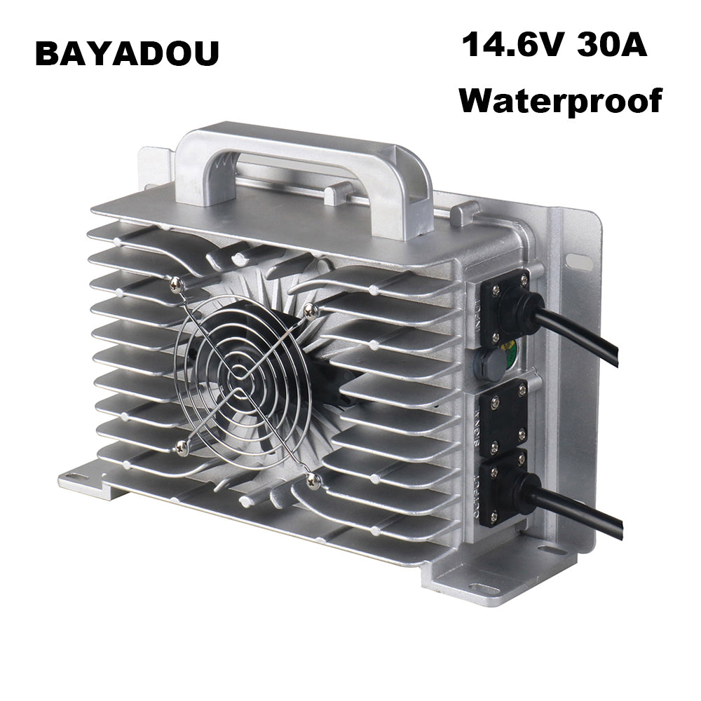 BAYADOU 900W Waterproof 14.6V 30A LiFePO4 Charger 4S 12V LFP Iron Phosphate Energy Storage RV Smart Fast Chargers Full sealed 110V / 220V Input