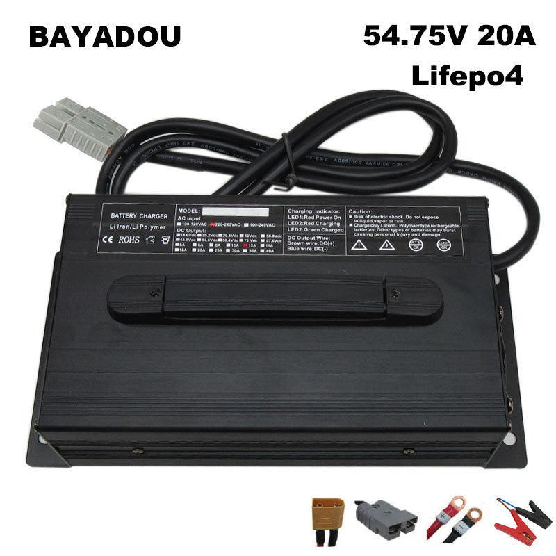 BAYADOU 54.75V 20A LiFePO4 Battery Fast Charger 15S 48V LFP Iron Phosphate Golf Cart Forklift RV Energy Storage Charger Copper Nose