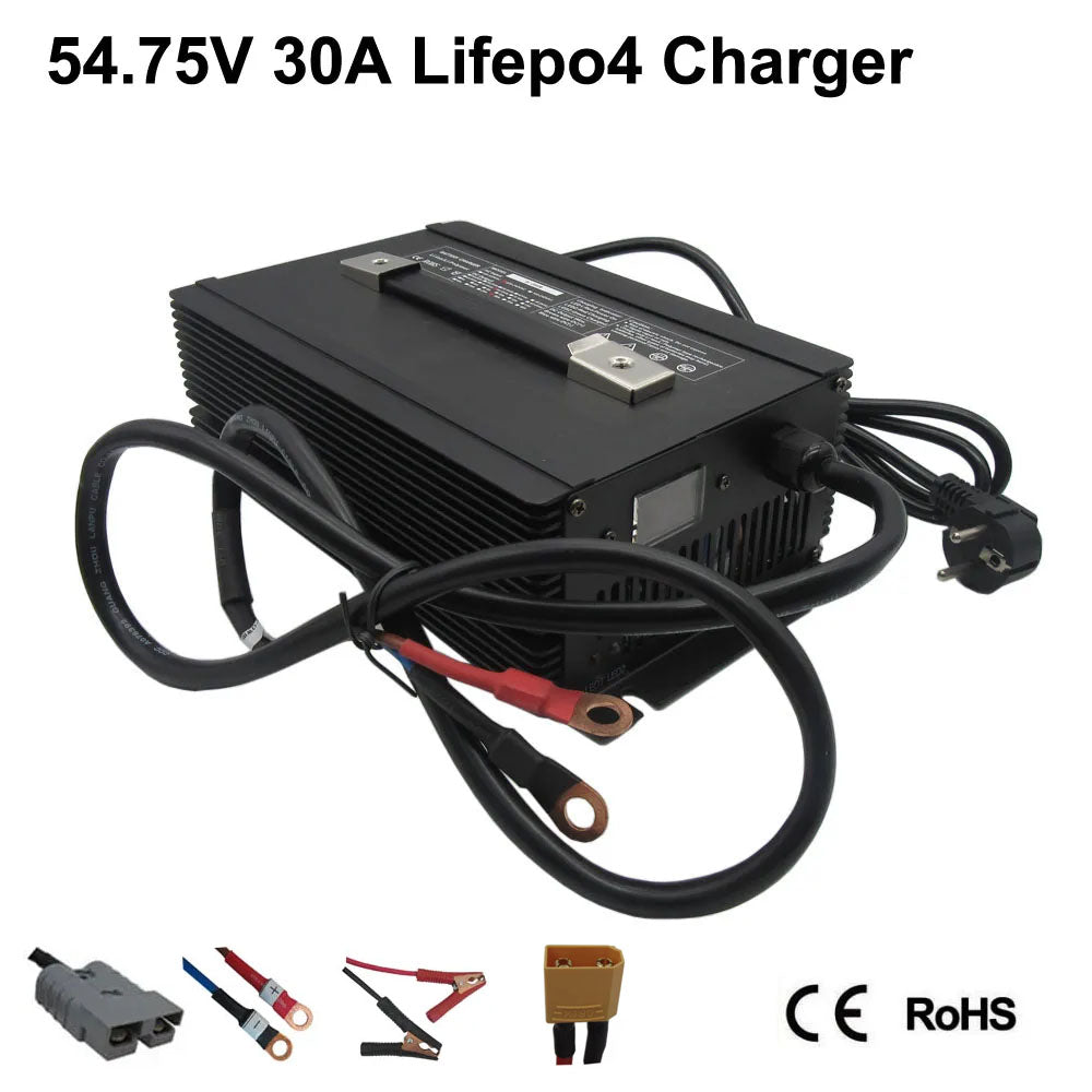 BAYADOU 54.75V 30A LiFePO4 Battery Fast Charger 15S 48V LFP Iron Phosphate Golf Cart Forklift RV Energy Storage Charger With Cooling Fan Copper Nose 2000W Powerful