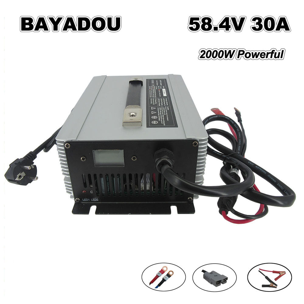 58.4V 30A LiFePO4 Battery Fast Charger 16S 48V 51.2V LFP Iron Phosphate Golf Cart Forklift RV Energy Storage Charger 2000W Powerful 110V / 220V AC Input