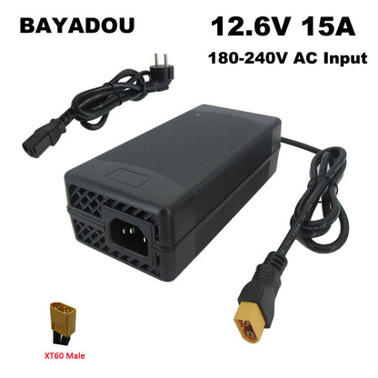 BAYADOU 12.6V 15A Li-ion Fast Charger 3S 12V 10.8V 11.11V Lithium Energy Storage Portable Power Station AGV Battery Charger XT60 Connector With Fan 220V Input