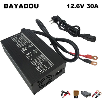 BAYADOU 12.6V 30A Fast Charger for 12V 10.8V 11.1V 3S Lithium ion Energy Storage Touring Car RV Boat AGV Battery copper nose connector  220V Input