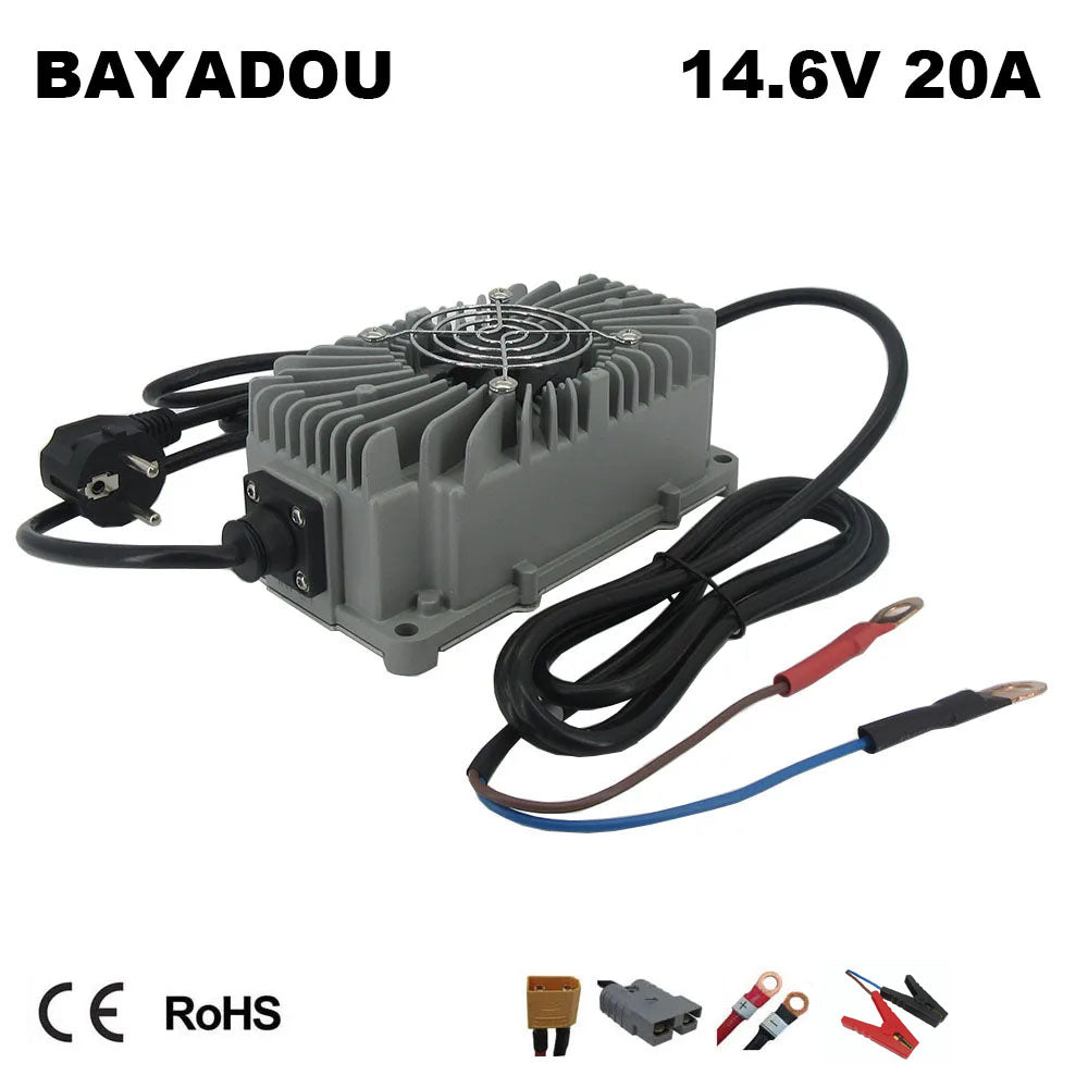 BAYADOU 300W Waterproof 14.6V 20A LiFePO4 Charger 12V LFP Iron Phosphate RV Energy Storage Battery Smart Fast Chargers Full sealed