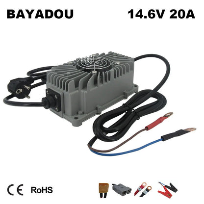 BAYADOU 300W Waterproof 14.6V 20A LiFePO4 Charger 12V LFP Iron Phosphate RV Energy Storage Battery Smart Fast Chargers Full sealed