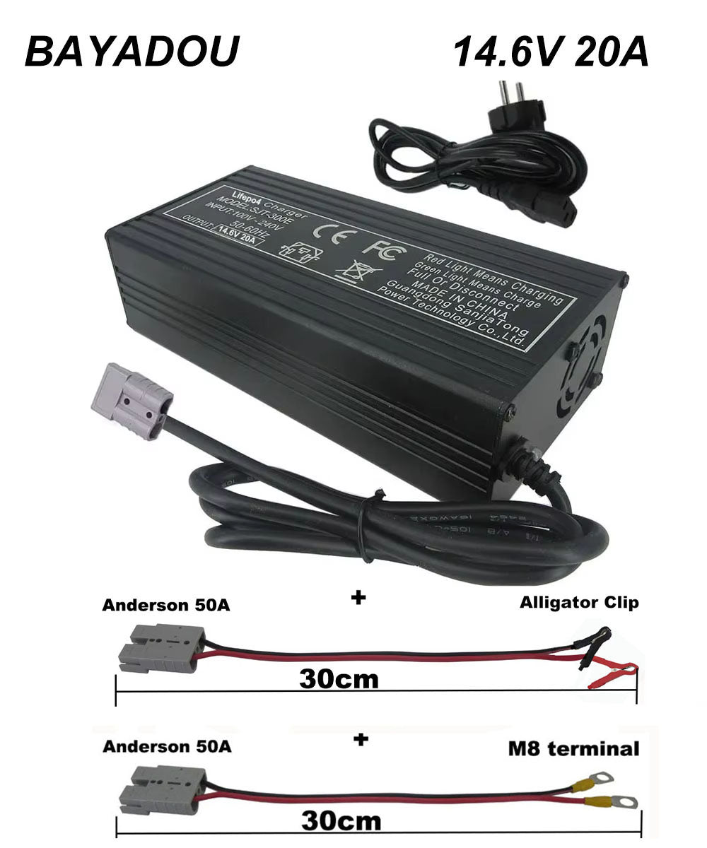 BAYADOU 14.6V 20A LiFePO4 Fast Charger 4S 12V 100AH Lithium Iron Phosphate LFP RV Energy Storage Solar UPS System Battery Chargers SB50 / Copper Nose M8 / Alligator Clip Connector