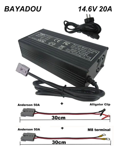 BAYADOU 14.6V 20A LiFePO4 Fast Charger 4S 12V 100AH Lithium Iron Phosphate LFP RV Energy Storage Solar UPS System Battery Chargers SB50 / Copper Nose M8 / Alligator Clip Connector