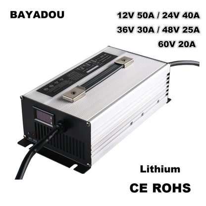 BAYADOU 1500W 12V 50A 24V 40A 36V 30A 48V 25A 60V 20A Lithium Charger 4S 12.6V 7S 29.4V 10S 42V 13S 54.6V 14S 58.8V 16S 67.2V Li-ion Golf Cart Forklift Energy Storage RV Boat UPS AGV Battery Charger