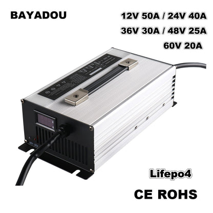 BAYADOU 1500W 24V 40A 36V 30A 48V 25A 60V 20A LiFePO4 Charger 8S 29.2V 12S 43.8V 15S 54.75V 16S 58.4V 20S 73V Golf Cart Forklift Energy Storage RV Boat UPS AGV Battery Charger