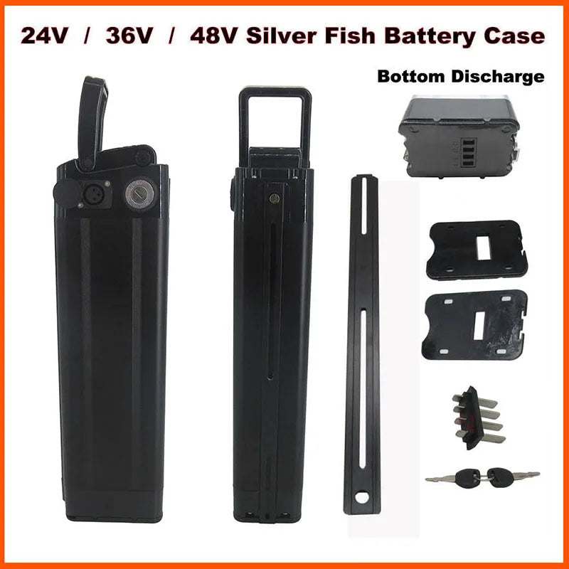 24V 36V 48V Ebike Bicycle Battery Box Case Cover Empty Silver Fish Aluminum Housing Accessories Bottom Discharge Black Color