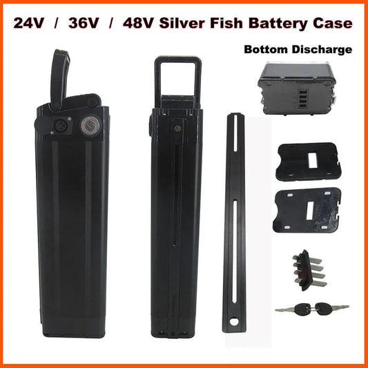 24V 36V 48V Ebike Bicycle Battery Box Case Cover Empty Silver Fish Aluminum Housing Accessories Bottom Discharge Black Color