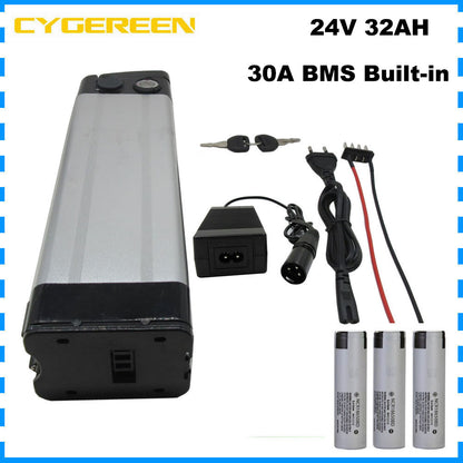 700W 24V 32AH Ebike Lithium Battery Pack 24 Volt 7S Silver Fish Electric Bike Bicycle Scooter Li-ion 18650 Bateria Akku With 29.4V 3A Charger