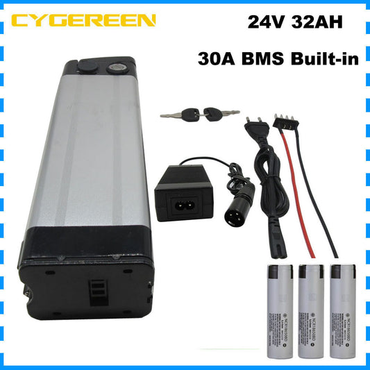 700W 24V 32AH Ebike Lithium Battery Pack 24 Volt 7S Silver Fish Electric Bike Bicycle Scooter Li-ion 18650 Bateria Akku With 29.4V 3A Charger