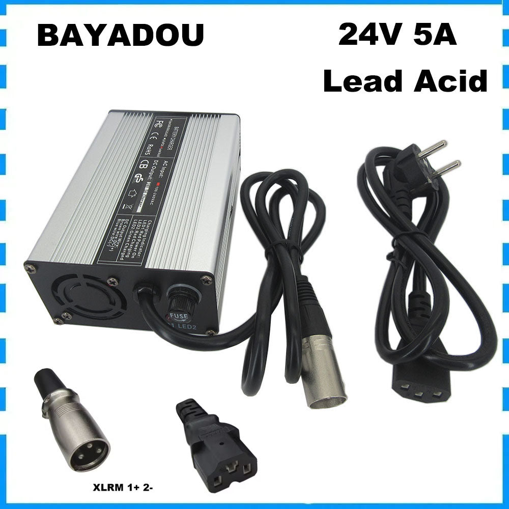 24 Volt 5A Lead Acid Fast Charger 24V 28.8V RV Golf Cart 20AH 30AH Electric Wheelchair Bike Battery Charger Aluminum Case XLRM 1+ 2- IEC C13