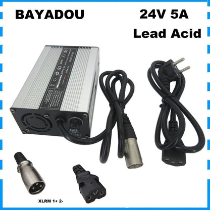 24 Volt 5A Lead Acid Fast Charger 24V 28.8V RV Golf Cart 20AH 30AH Electric Wheelchair Bike Battery Charger Aluminum Case XLRM 1+ 2- IEC C13