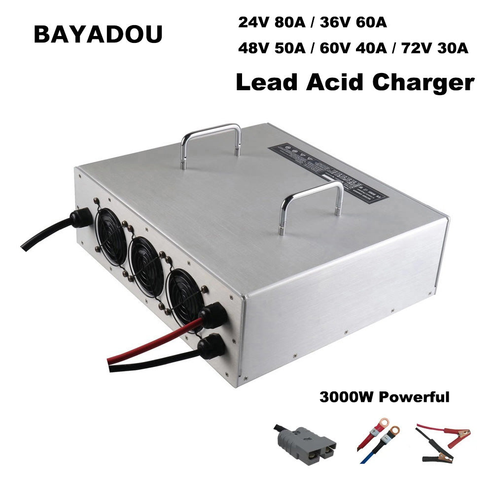 BAYADOU 24V 80A 36V 60A 48V 50A 60V 40A 72V 30A Lead Acid Battery Fast Charger 24 Volt Golf Cart Forklift RV Energy UPS Storage Base Station Charger 3000W Powerful CC-CV-Trickle Mode