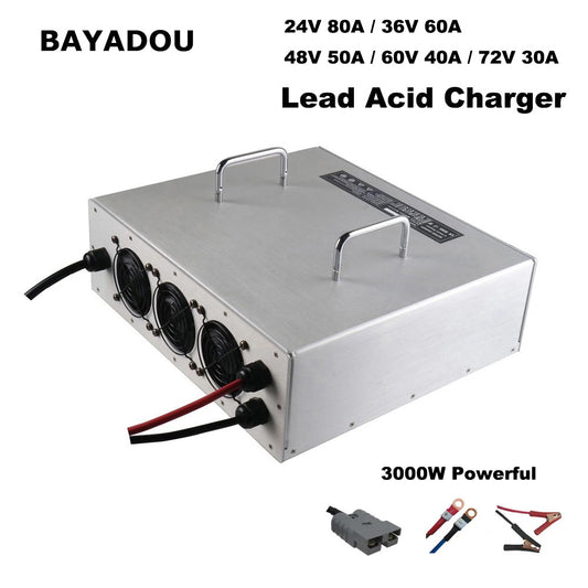BAYADOU 24V 80A 36V 60A 48V 50A 60V 40A 72V 30A Lead Acid Battery Fast Charger 24 Volt Golf Cart Forklift RV Energy UPS Storage Base Station Charger 3000W Powerful CC-CV-Trickle Mode