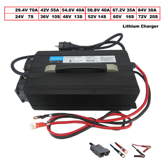 2500W 2500W 29.4V 70A 42V 55A 54.6V 58.8V 40A 67.2V 35A 71.4V 84V 30A Lithium Fast charger for 24V 7S 36V 10S 48V 13S 52V 14S 60V 16S 72V 20S Li-ion RV Forklift Energy Storage Backup power supply Battery Charger 110V / 220V Input