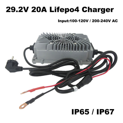 BAYADOU Waterproof 24V (25.6V) 20A Lifepo4 Fast Charger 29.2V 20A Lithium Iron Phosphate RV Forklift Energy Storage Battery Smart Charger IP65 / IP67 600W