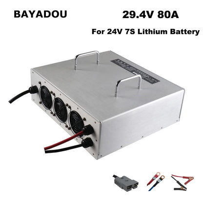 BAYADOU 7S 24V 80A Lithium Battery Fast Charger 29.4V Output Golf Cart Forklift RV Energy UPS Storage Base Station Li-ion Charger 3000W Powerful CC-CV Mode