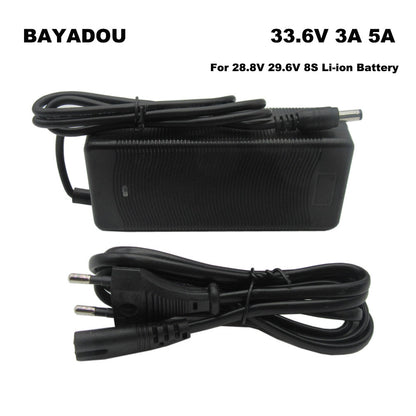 BAYADOU 33.6V 5A 3A Lithium ebike Battery Charger 28.8V 5A 29.6V 8S Li ion 20AH 30AH Scooter Batterie Fast Charger DC Connector With Fan