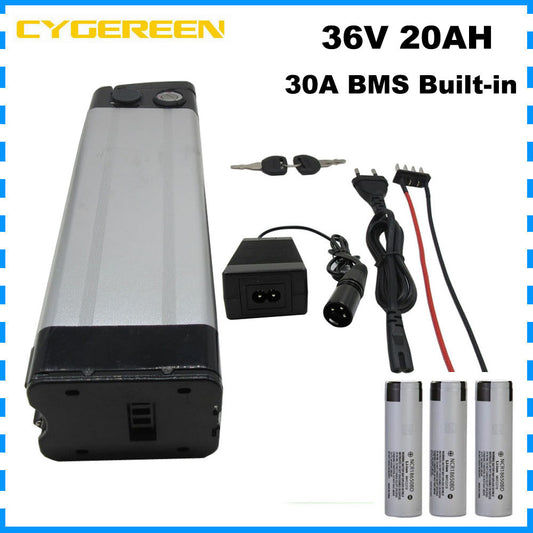1000W 36V 20AH Ebike Lithium Battery Pack 36 Volt 10S Silver Fish Electric Bike Bicycle Scooter Li-ion 18650 Bateria Akku With 42V 2A Charger