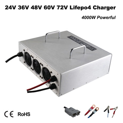 4000W 24V 100A 36V 80A 48V 60A 60V 50A 72V 40A LiFePO4 Battery Fast Charger 29.2V 100A 43.8V 80A 58.4V 60A 73V 50 87.6V 40A Lithium Iron Phosphate Golf Cart Forklift RV Energy Storage Base Station Solar System Smart Charger