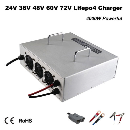 4000W 24V 100A 36V 80A 48V 60A 60V 50A 72V 40A LiFePO4 Battery Fast Charger 29.2V 100A 43.8V 80A 58.4V 60A 73V 50 87.6V 40A Lithium Iron Phosphate Golf Cart Forklift RV Energy Storage Base Station Solar System Smart Charger