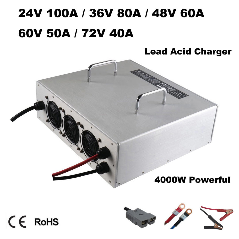 4000W 24V 100A 36V 80A 48V 60A 60V 50A 72V 40A Lead Acid Battery Fast Charger 24Volt 2S 36Volt 3S 48Volt 4S 60Volt 5S 72Volt 6S Golf Cart Forklift RV Energy Storage Base Station Solar System Smart Charger