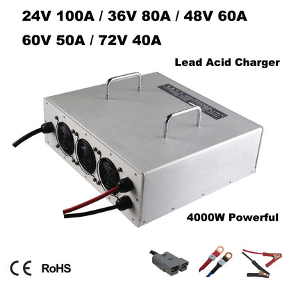 4000W 24V 100A 36V 80A 48V 60A 60V 50A 72V 40A Lead Acid Battery Fast Charger 24Volt 2S 36Volt 3S 48Volt 4S 60Volt 5S 72Volt 6S Golf Cart Forklift RV Energy Storage Base Station Solar System Smart Charger
