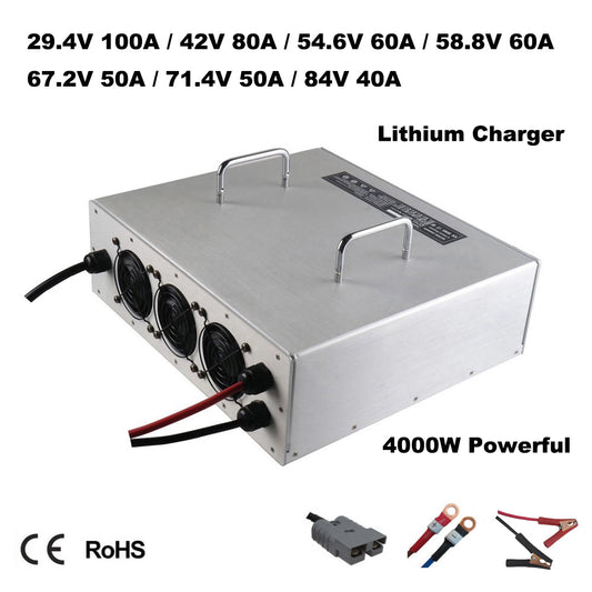 4000W 29.4V 100A 42V 80A 54.6V 58.8V 60A 67.2V 71.4V 50A 84V 40A Lithium Battery Fast Charger 24V 7S 36V 10S 48V 13S 52V 14S 60V 16S 17S 72V 20S Li-ion Golf Cart Forklift RV Energy Storage Base Station Solar System Smart Charger