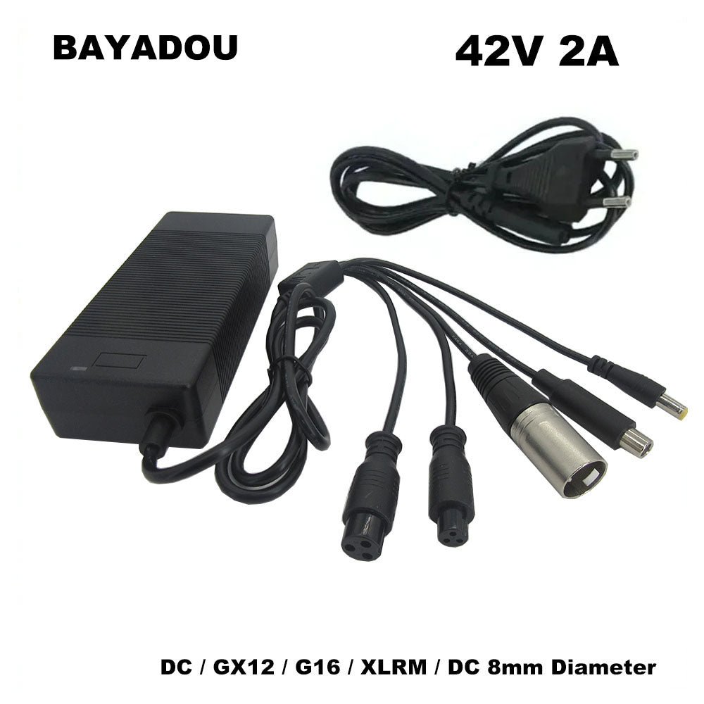 84W 42V 2A Lithium Charger 10S 36V 2A li-ion Electric Bike scooter Battery Charger DC GX12 GX16 XLRM 8 mm (OD) 5 in1 Plugs
