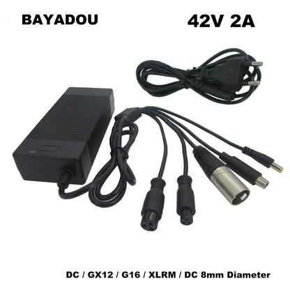 84W 42V 2A Lithium Charger 10S 36V 2A li-ion Electric Bike scooter Battery Charger DC GX12 GX16 XLRM 8 mm (OD) 5 in1 Plugs
