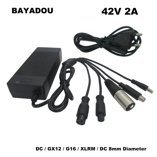 84W 42V 2A Lithium Charger 10S 36V 2A li-ion Electric Bike scooter Battery Charger DC GX12 GX16 XLRM 8 mm (OD) 5 in1 Plugs