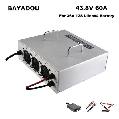 BAYADOU 3000W 43.8V 60A LiFePO4 Battery Fast Charger 36V 12S Lithium Iron Phosphate Golf Cart Forklift RV Energy Storage Base Station Solar System Charger 110V / 220V AC Input
