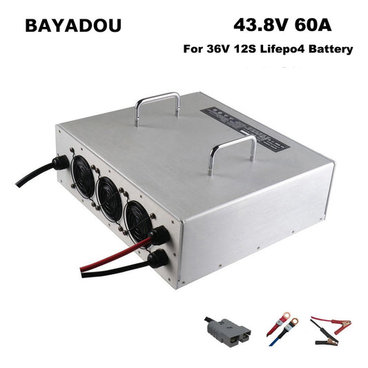 BAYADOU 3000W 43.8V 60A LiFePO4 Battery Fast Charger 36V 12S Lithium Iron Phosphate Golf Cart Forklift RV Energy Storage Base Station Solar System Charger 110V / 220V AC Input