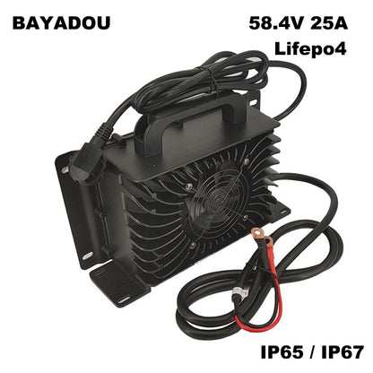 BAYADOU 1500W Waterproof 58.4V 25A LiFePO4 Charger for 48V 16S 200AH 100AH Lithium Iron Phosphate Photovoltaics Energy storage Golf Cart Smart Fast Chargers IP67