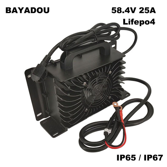 BAYADOU 1500W Waterproof 58.4V 25A LiFePO4 Charger for 48V 16S 200AH 100AH Lithium Iron Phosphate Photovoltaics Energy storage Golf Cart Smart Fast Chargers IP67