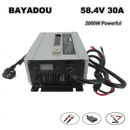 58.4V 30A LiFePO4 Battery Fast Charger 16S 48V 51.2V LFP Iron Phosphate Golf Cart Forklift RV Energy Storage Charger 2000W Powerful 110V / 220V AC Input