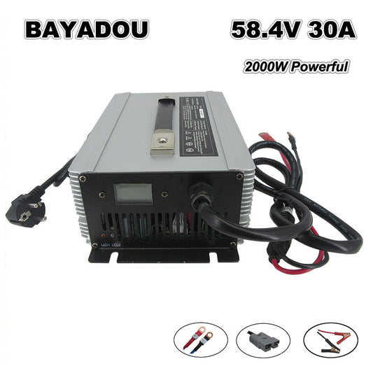 58.4V 30A LiFePO4 Battery Fast Charger 16S 48V 51.2V LFP Iron Phosphate Golf Cart Forklift RV Energy Storage Charger 2000W Powerful 110V / 220V AC Input