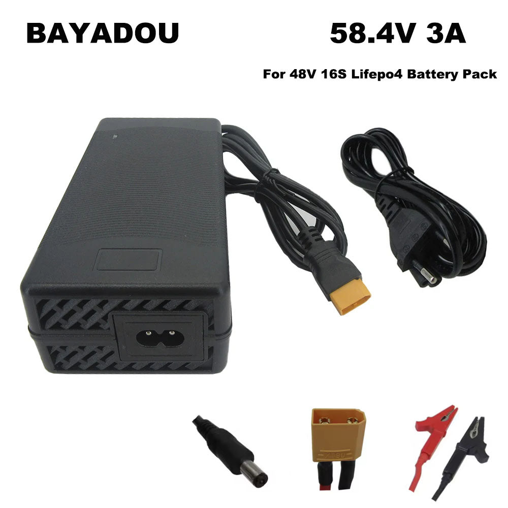 BAYADOU 58.4V 3A Lifepo4 Electric Bike Fast Charger 48V 16S 20AH Lithium Iron Phosphate Energy Storage Solar Battery Chargers with fan XT60 XT90 Connector
