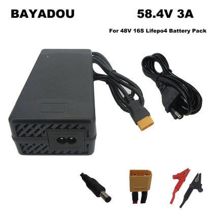 BAYADOU 58.4V 3A Lifepo4 Electric Bike Fast Charger 48V 16S 20AH Lithium Iron Phosphate Energy Storage Solar Battery Chargers with fan XT60 XT90 Connector