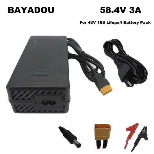 BAYADOU 58.4V 3A Lifepo4 Electric Bike Fast Charger 48V 16S 20AH Lithium Iron Phosphate Energy Storage Solar Battery Chargers with fan XT60 XT90 Connector