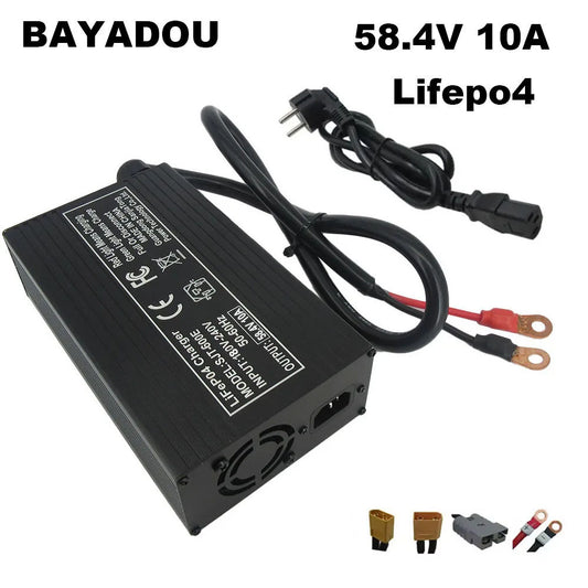 BAYADOU 58.4V 10A LiFePO4 Battery Fast Charger For 48V 16S Iron Phosphate Golf Cart Energy Storage Tricycle Smart Chargers Copper Nose XT90 IEC C13 220V Input