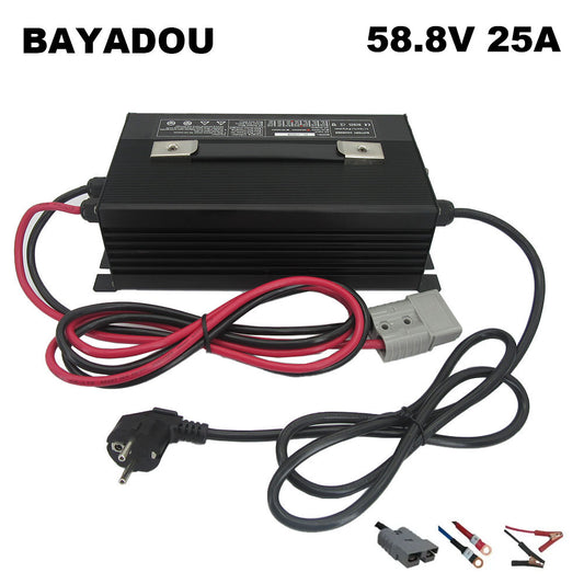 BAYADOU 58.8V 25A Li-ion Battery Fast Charger 14S 51.8V 52V Lithium Golf Cart Forklift RV Energy Storage Charger Copper Nose 1500W Powerful